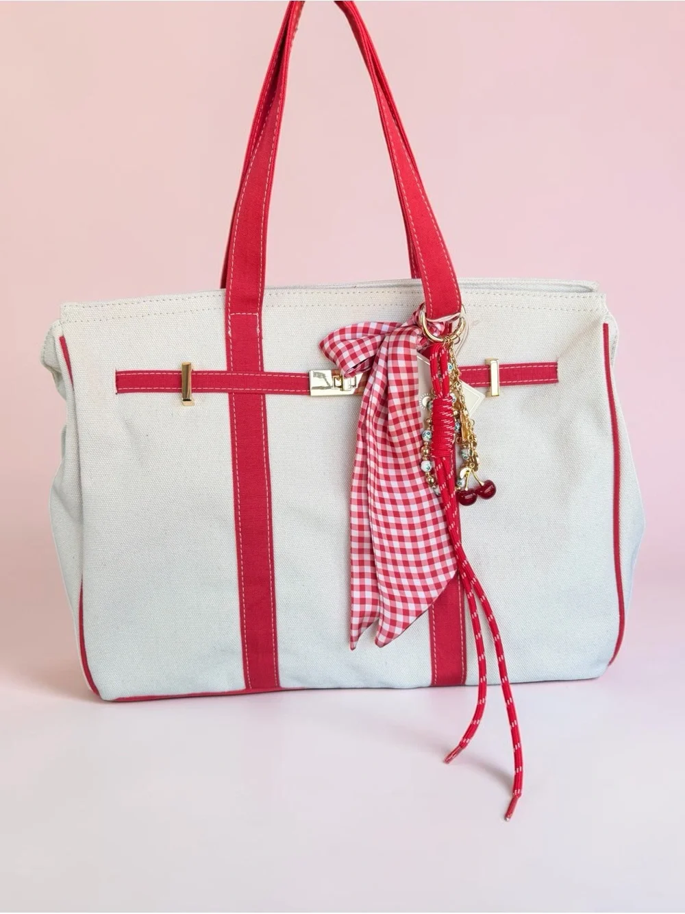 VIRAL Sol & Mer Red Canvas Tote with Scarf and Fruit Charms Vacation Style Bag - Picture 11 of 11